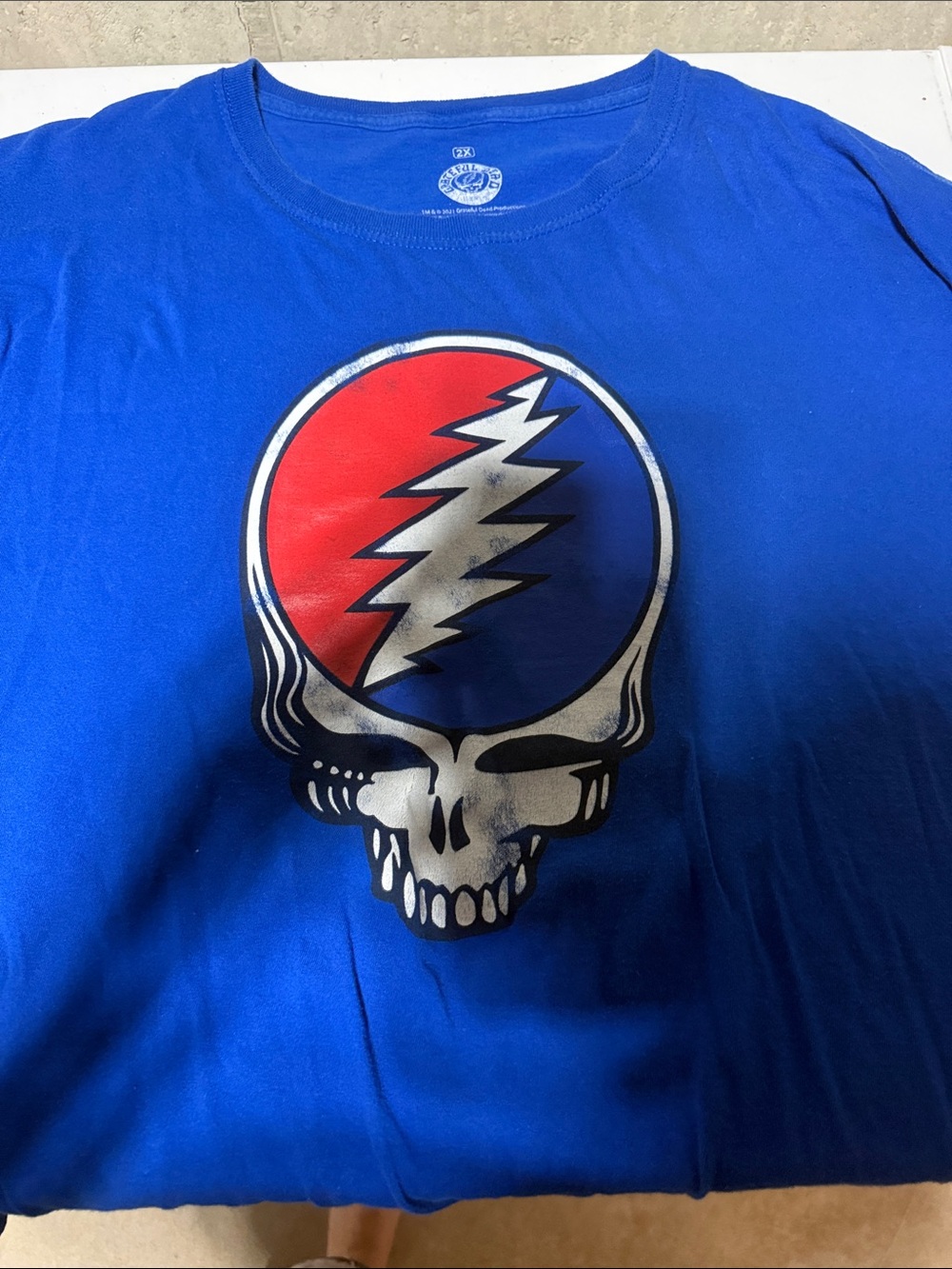 Grateful Dead Royal Blue Tee with Red & Blue Lightning Skull